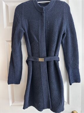 Hugo Boss Women’s Navy Blue Made in Italy Mid-Length Cardigan with Belt Size M
